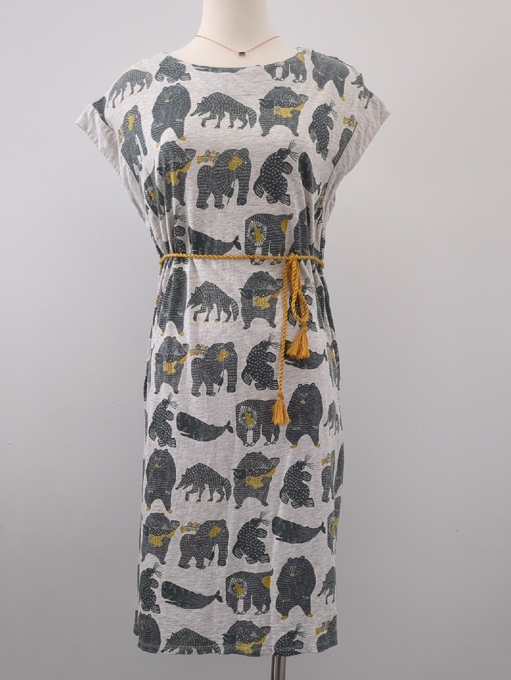 Graniph Grey Bear-Print T-Shirt Dress with Mustard Tie Waist, Pockets! Japanese